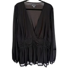 Y2K Black Ruched Whimsygoth Dark Fairy Flowy Sheer Sleeves Witchy Blouse XL